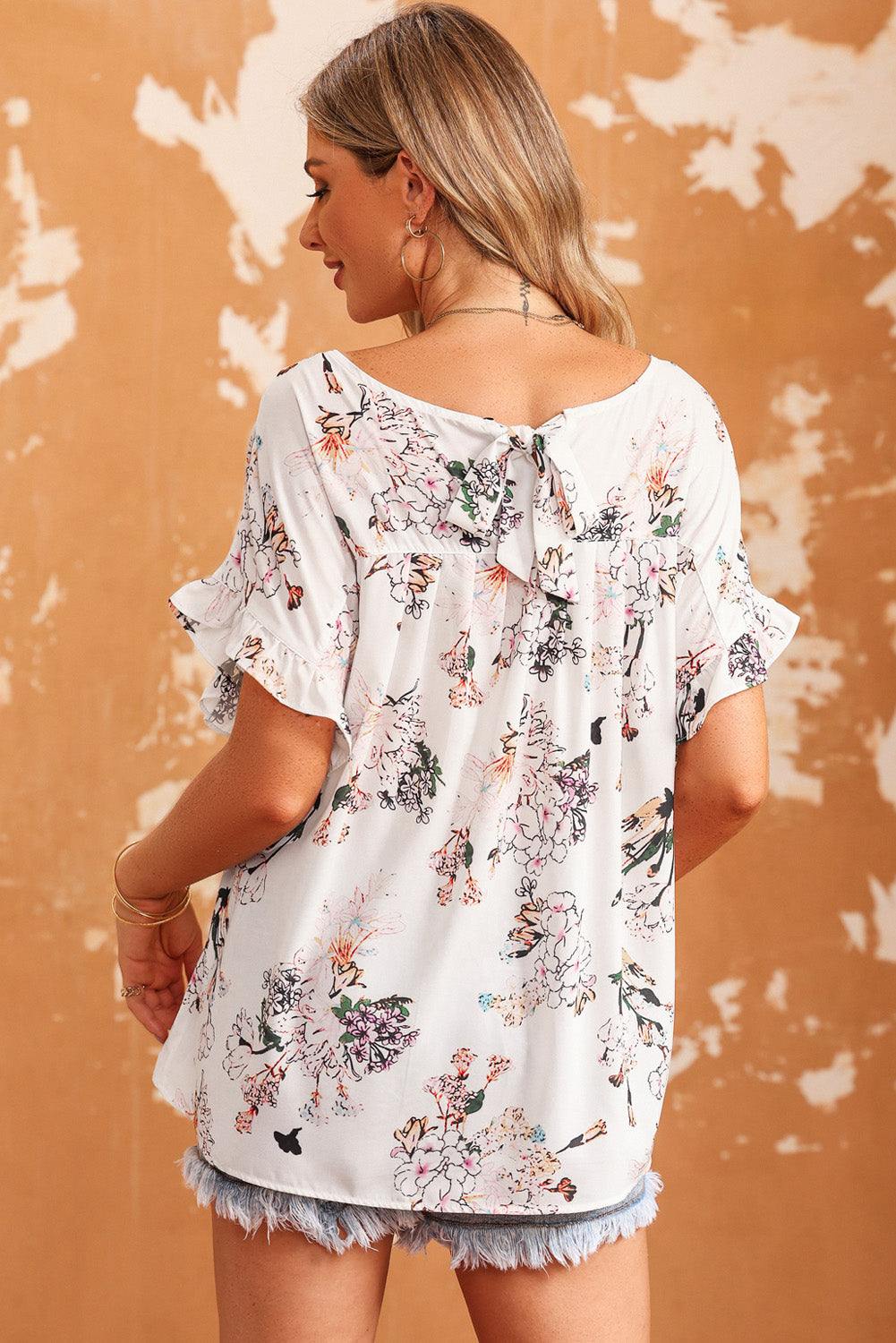 Floral Boat Neck Flounce Sleeve Blouse - Flyclothing LLC