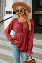 Round Neck Flounce Sleeve Blouse - Flyclothing LLC