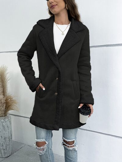 Contrast Button Up Lapel Collar Long Sleeve Coat - Trendsi