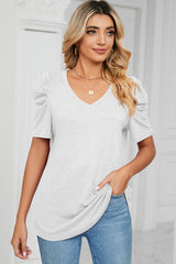 Heathered V-Neck Puff Sleeve T-Shirt - Trendsi