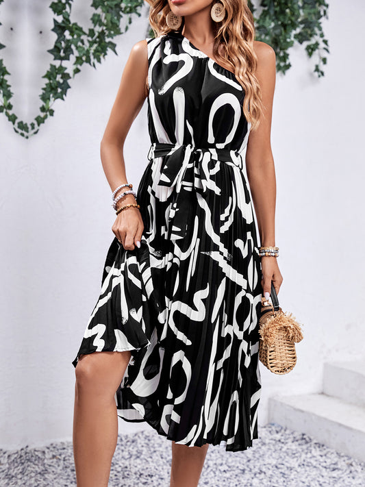 Printed Single Shoulder Tie Waist Dress - Flyclothing LLC