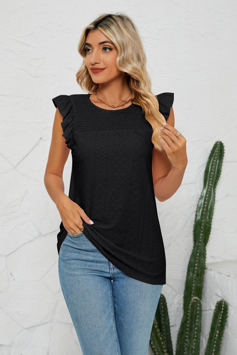 Smocked Round Neck Eyelet Top - Flyclothing LLC