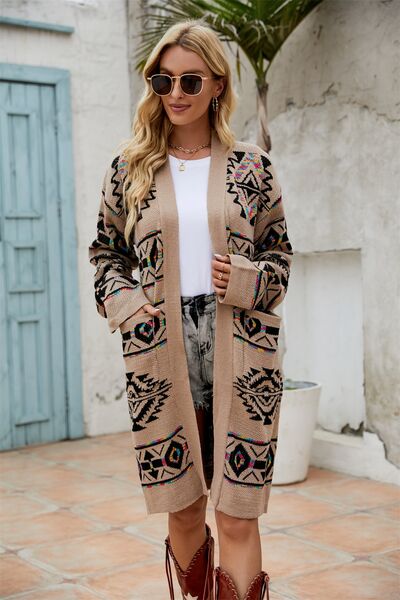 Pocketed Geometric Open Front Dropped Shoulder Cardigan - Flyclothing LLC