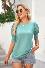 Round Neck Lantern Sleeve Blouse - Flyclothing LLC