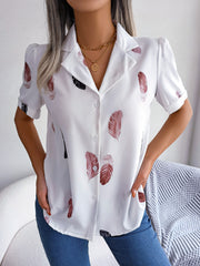 Feather Print Lapel Collar Puff Sleeve Shirt - Flyclothing LLC