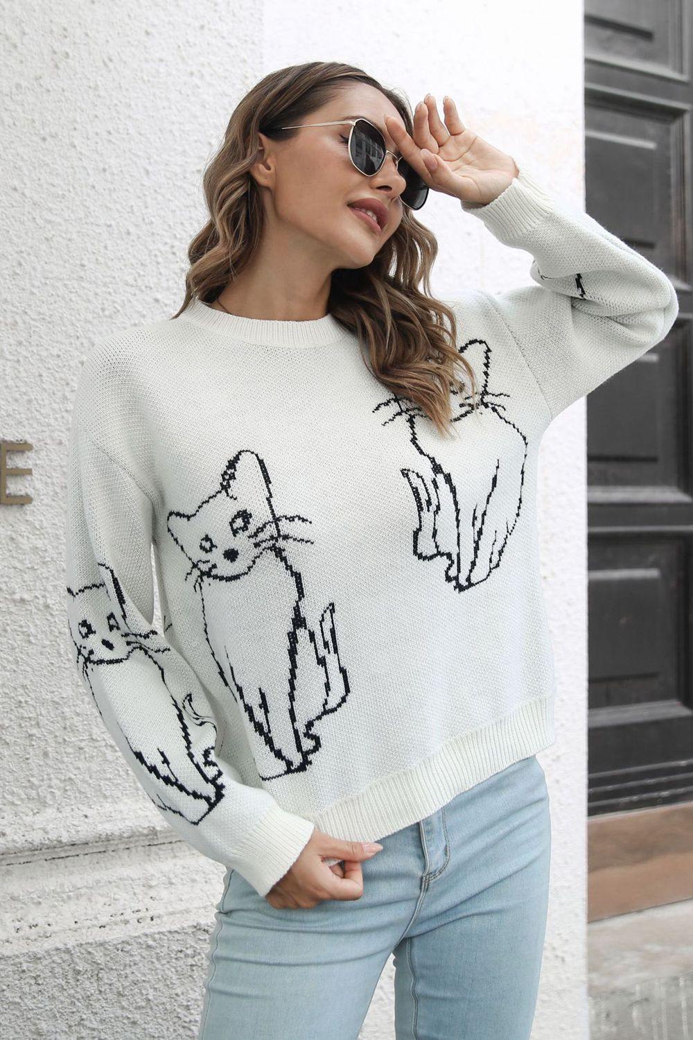 Cat Pattern Round Neck Long Sleeve Pullover Sweater - Flyclothing LLC