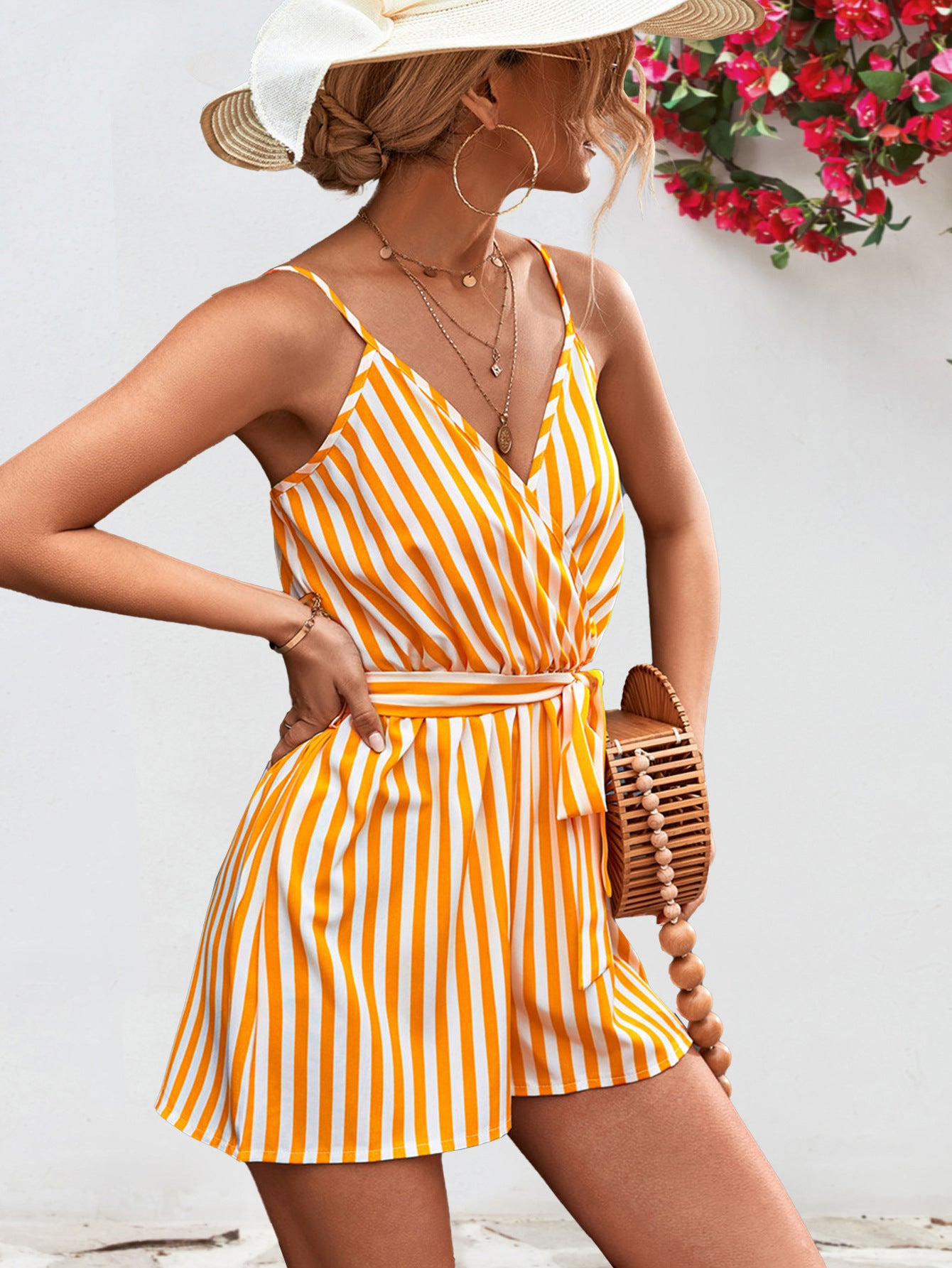 Striped Tie Waist Spaghetti Strap Romper - Flyclothing LLC