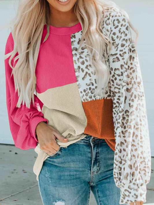 Color Block Leopard Round Neck Sweatshirt - Trendsi