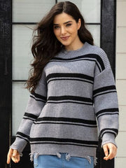 Striped Frayed Hem Round Neck Sweater - Flyclothing LLC