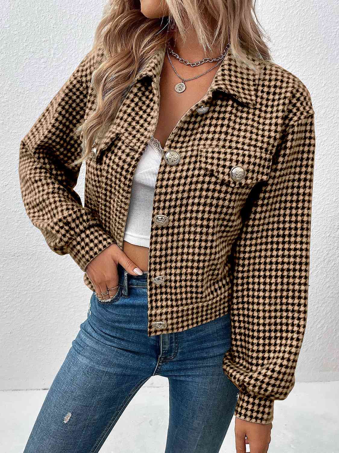 Houndstooth Collared Neck Button Up Jacket - Flyclothing LLC