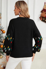 Round Neck Pattern Lantern Sleeve Sweater - Flyclothing LLC