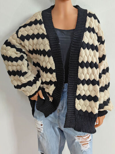 Striped Contrast Open Front Long Sleeve Cardigan - Flyclothing LLC