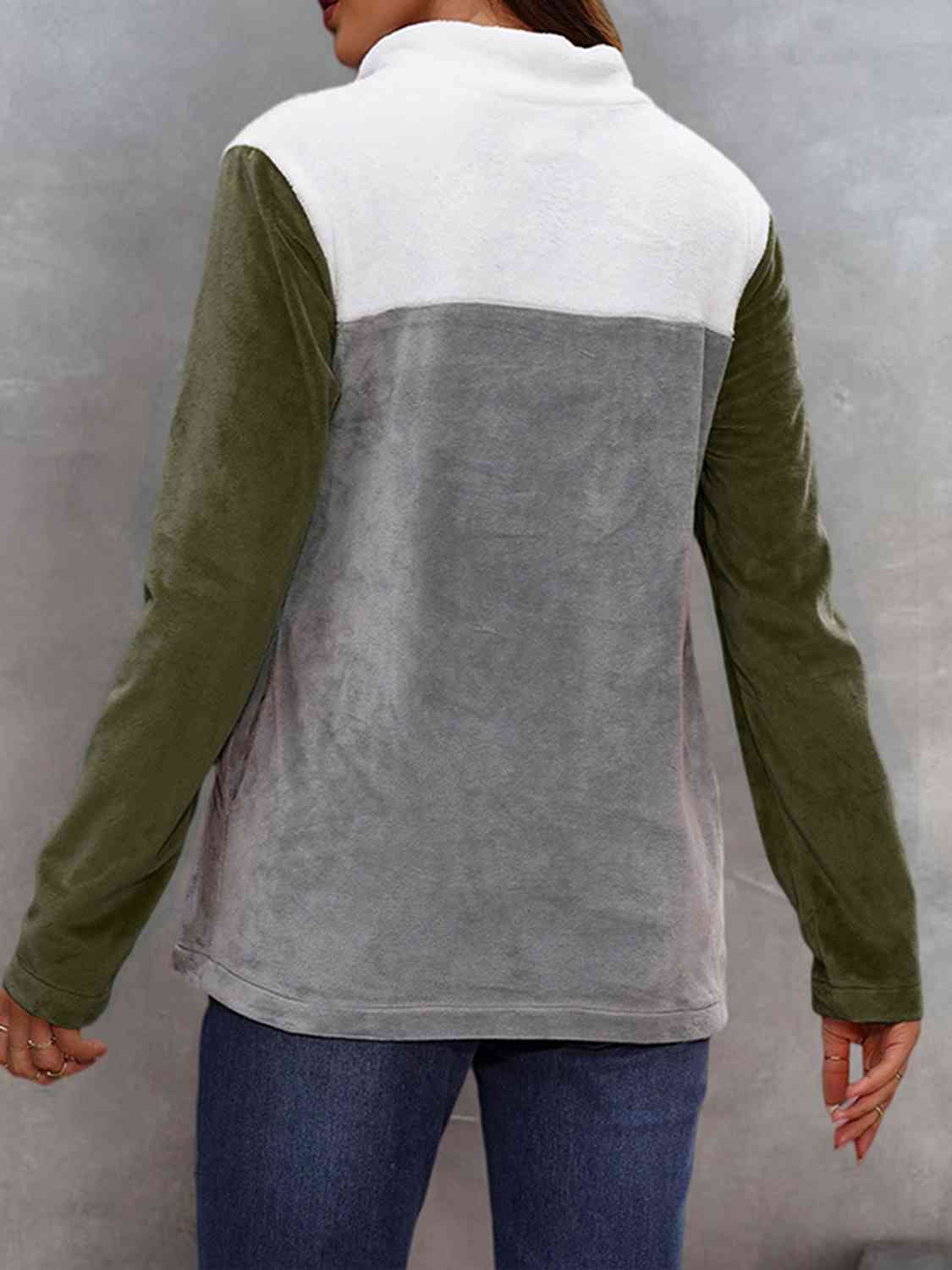 Color Block Collared Sweatshirt with Pockets - Flyclothing LLC