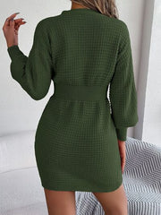 Buttoned Cable-Knit V-Neck Sweater Dress - Flyclothing LLC