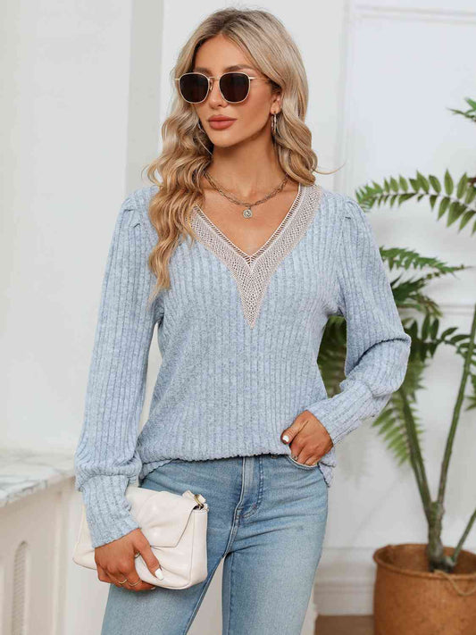 Lace Detail V-Neck Ribbed Blouse - Flyclothing LLC