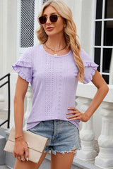 Eyelet Round Neck Petal Sleeve T-Shirt - Flyclothing LLC