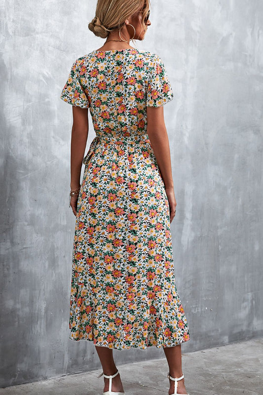 Floral Surplice Neck Tied Midi Dress - Flyclothing LLC