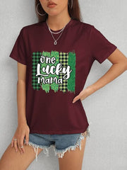 ONE LUCKY MAMA Round Neck T-Shirt - Trendsi