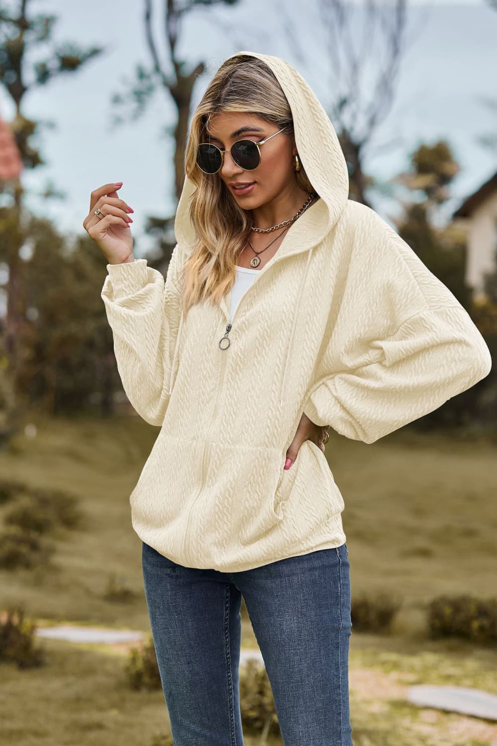 Cable-Knit Long Sleeve Hooded Jacket - Flyclothing LLC