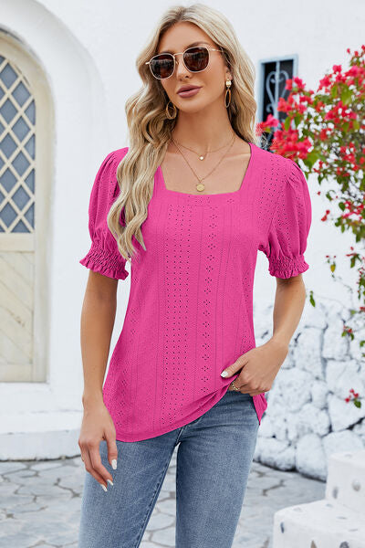 Eyelet Square Neck Short Sleeve T-Shirt - Flyclothing LLC