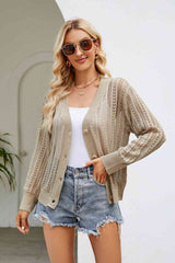 Openwork Button Front V-Neck Cardigan - Flyclothing LLC