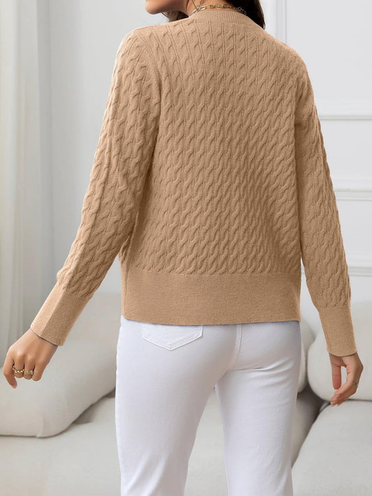 Round Neck Cable-Knit Buttoned Knit Top - Trendsi