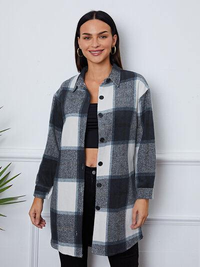 Plaid Button Up Collared Neck Outerwear - Flyclothing LLC