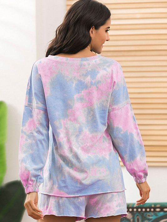 Tie-Dye Long Sleeve Top and Shorts Lounge Set - Flyclothing LLC