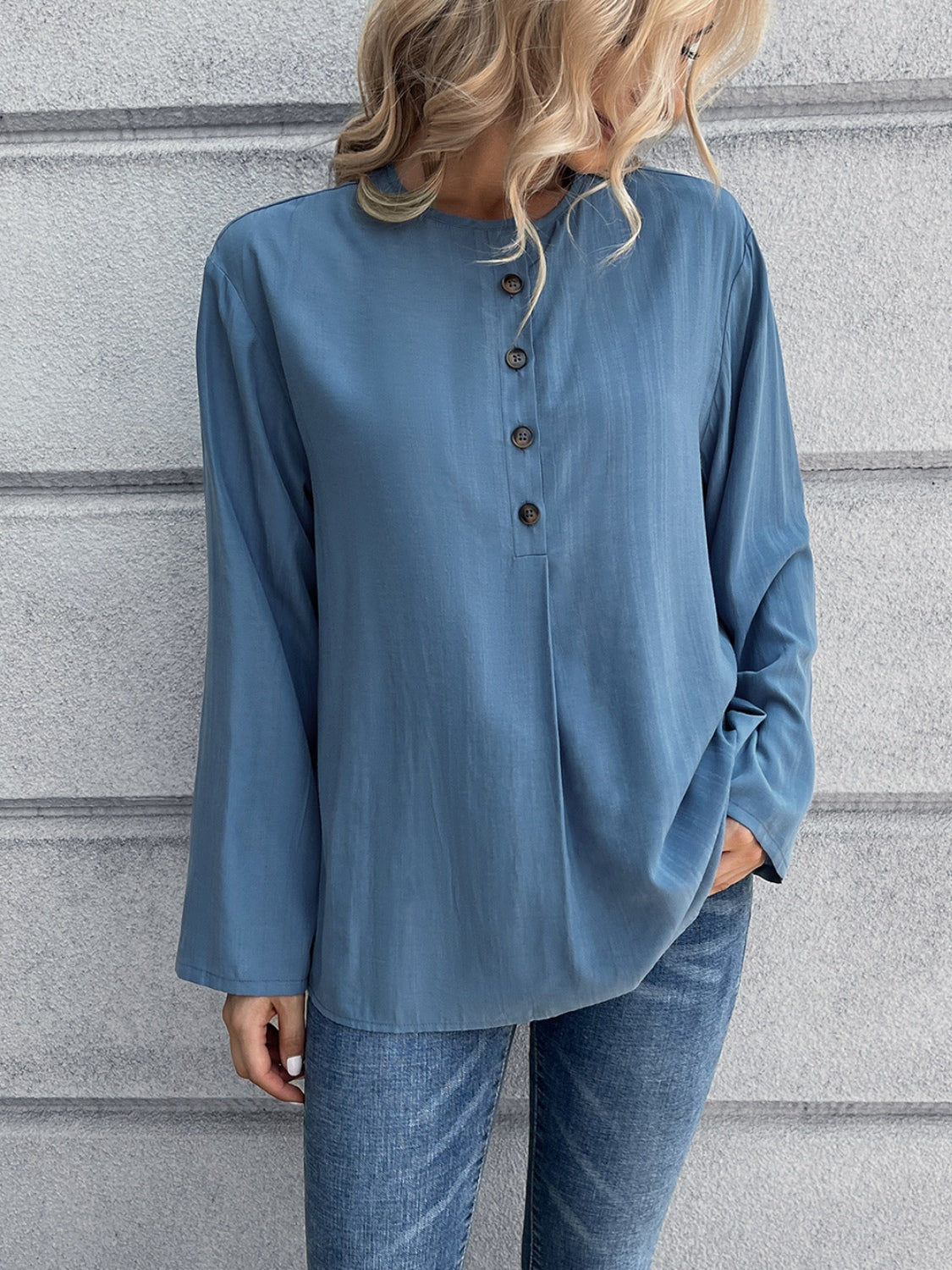 Half Button Long Sleeve Blouse - Flyclothing LLC