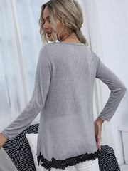 Spliced Lace Contrast Round Neck Top - Flyclothing LLC