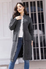 Fringe Trim Open Front Cardigan with Pockets - Flyclothing LLC