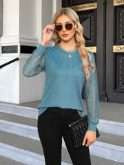 Waffle-Knit Round Neck Long Sleeve Blouse - Flyclothing LLC