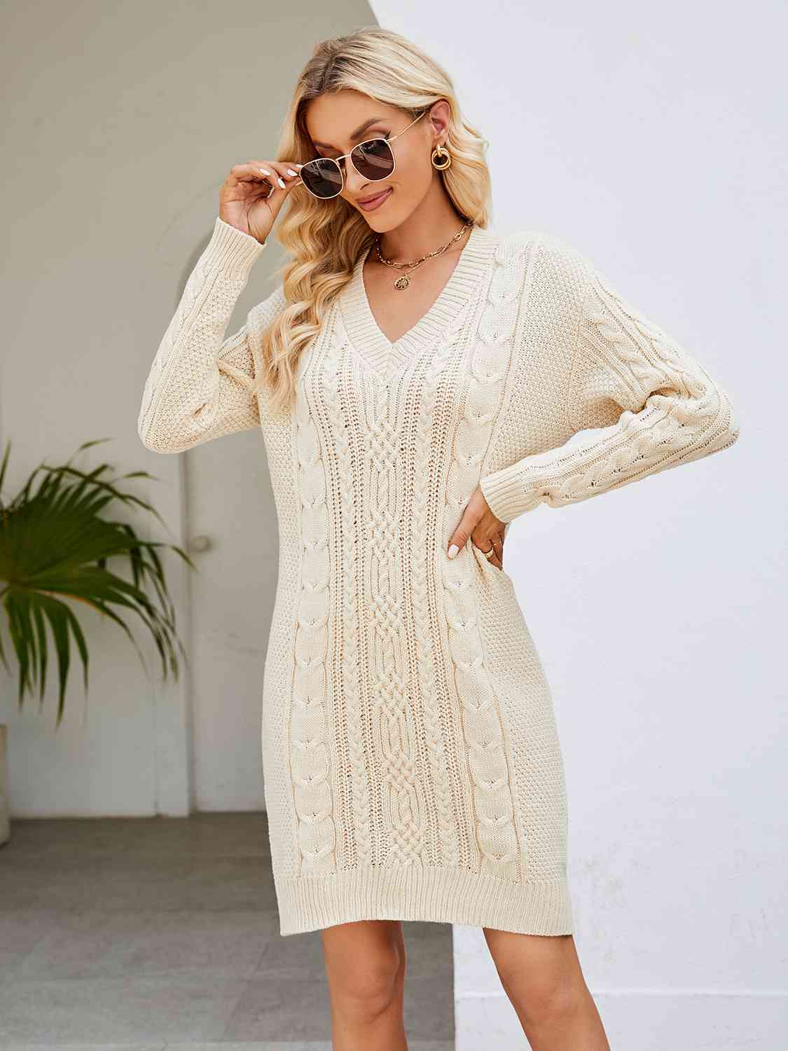 Cable-Knit V-Neck Mini Sweater Dress - Flyclothing LLC