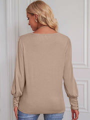 Round Neck Lantern Sleeve Blouse - Flyclothing LLC