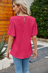 Pleated Flutter Sleeve Round Neck Blouse - Flyclothing LLC