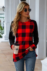 Plaid Round Neck Long Sleeve T-Shirt - Flyclothing LLC