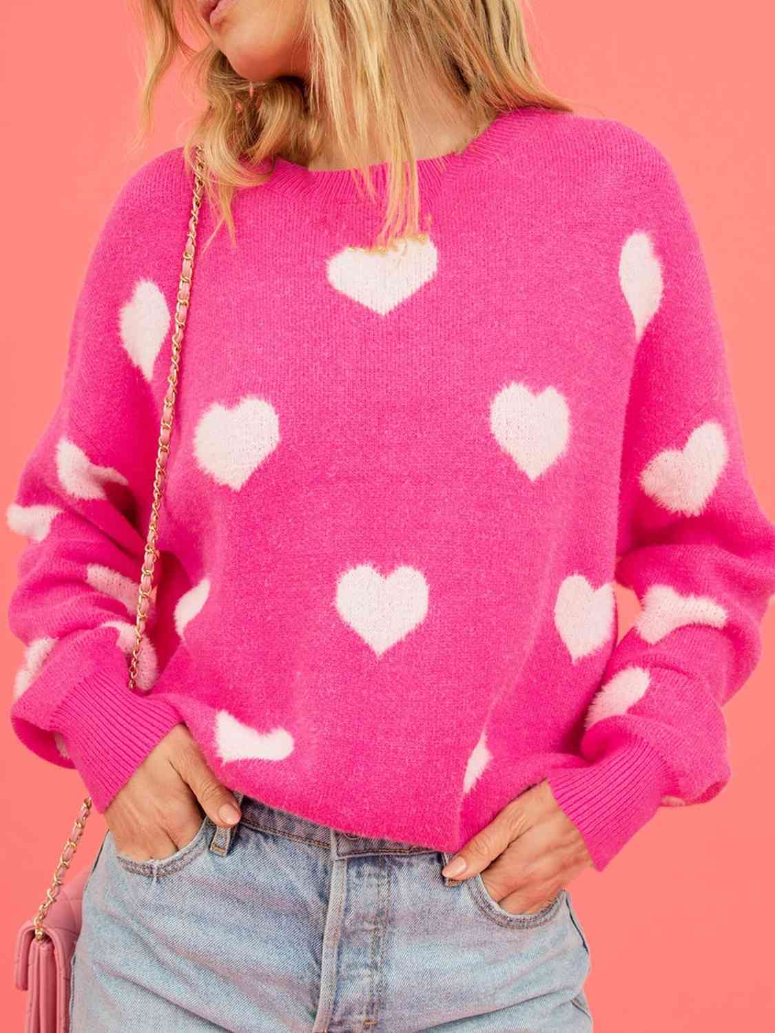 Heart Round Neck Drop Shoulder Sweater - Flyclothing LLC