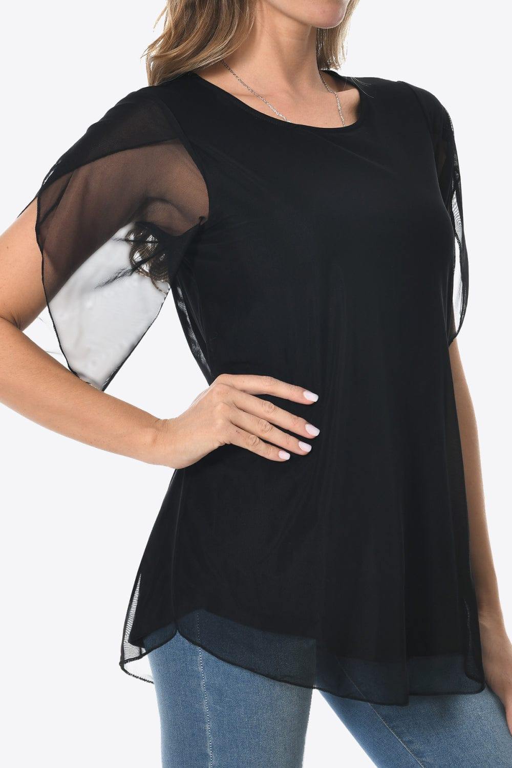 Round Neck Curved Hem Blouse - Trendsi