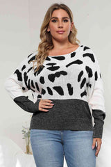 Plus Size Leopard Round Neck Long Sleeve Sweater - Trendsi