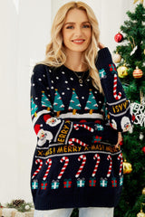 Christmas Candy Cane Ribbed Trim Sweater - Trendsi