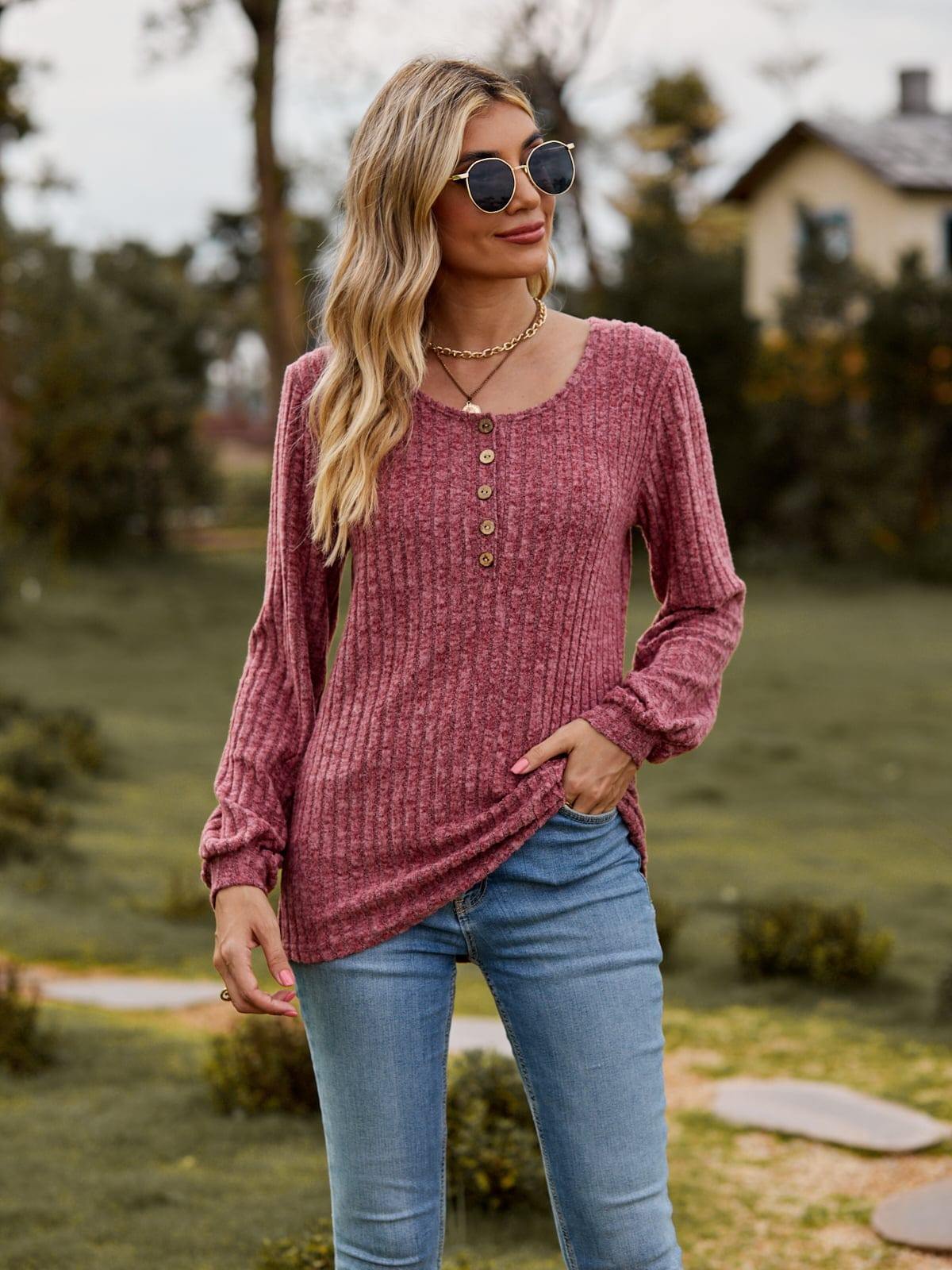 Round Neck Button-Down Long Sleeve Tee - Trendsi