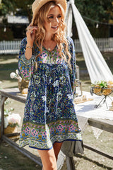 Bohemian Tie Neck Balloon Sleeve Dress - Flyclothing LLC