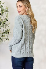 BiBi Cable Knit Round Neck Sweater - Trendsi