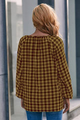 Plaid Tie Neck Balloon Sleeve Blouse - Flyclothing LLC