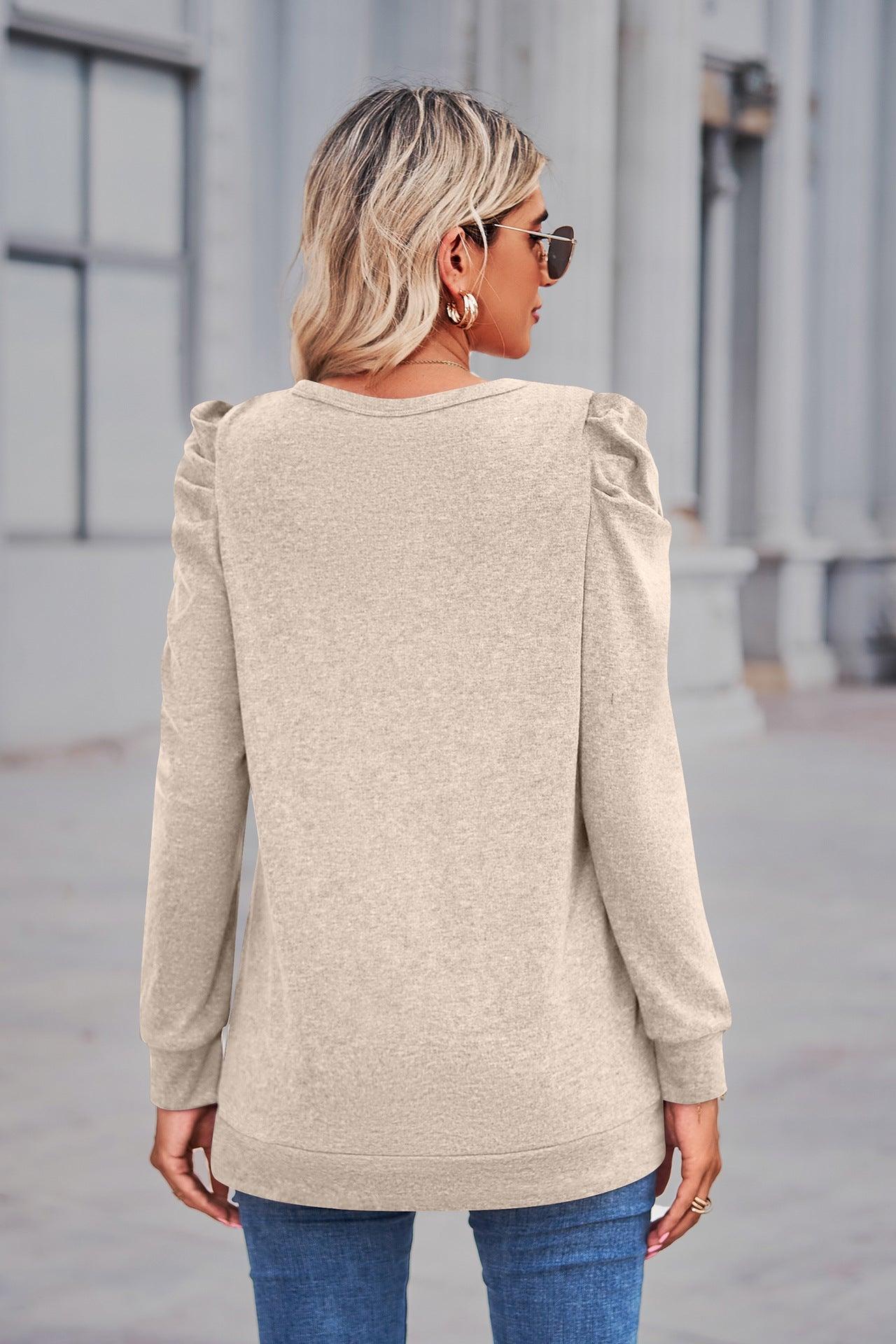 Heathered Puff Sleeve Round Neck Tunic Top - Trendsi