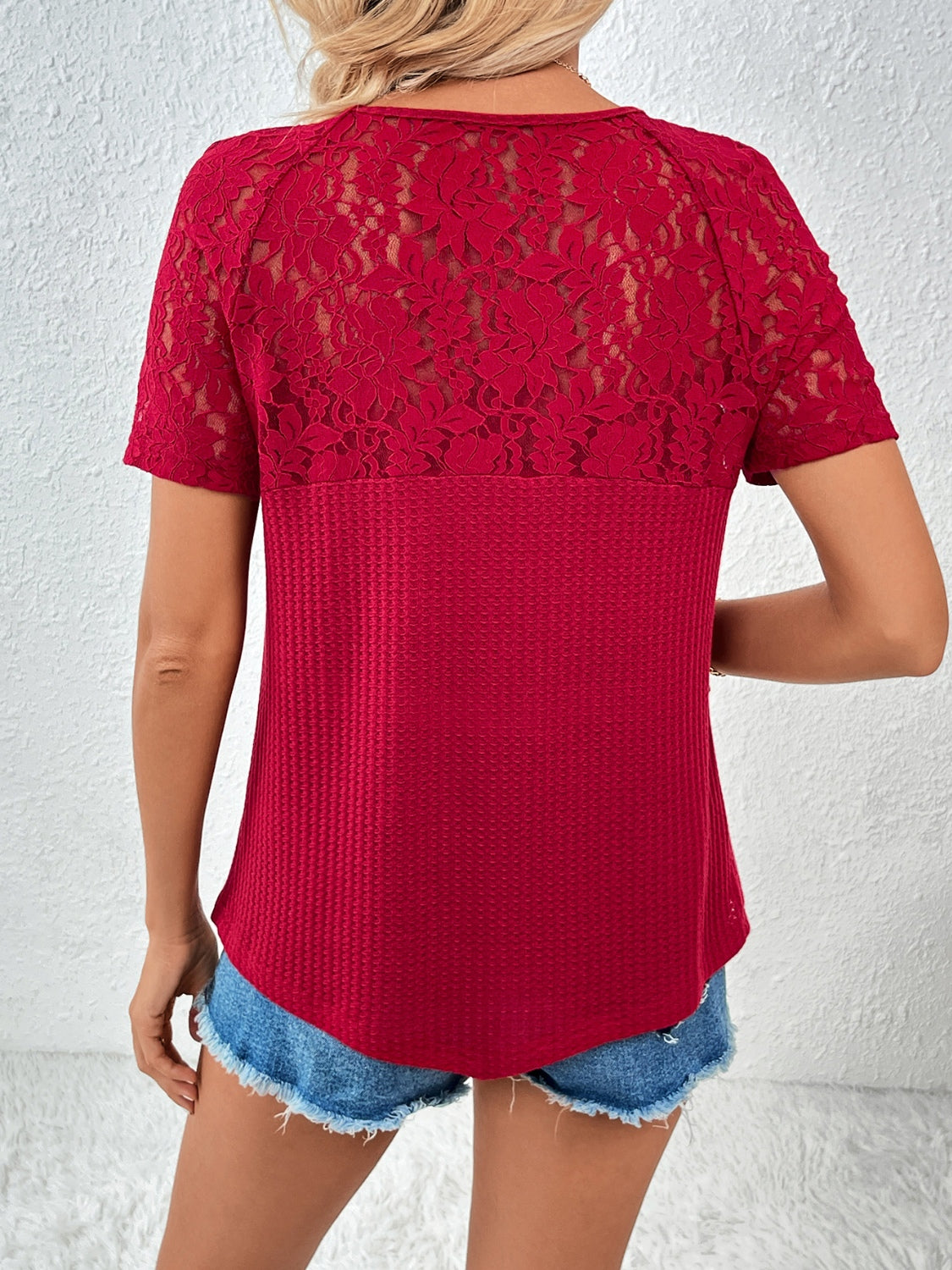 Lace Detail V-Neck Short Sleeve T-Shirt - Flyclothing LLC