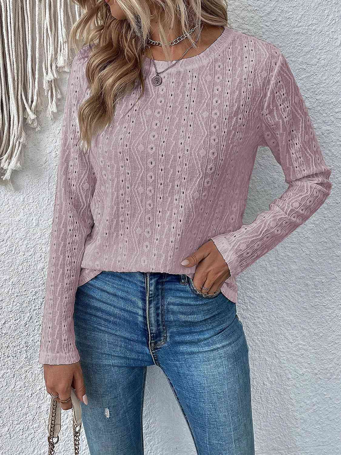 Eyelet Round Neck Long Sleeve Top - Flyclothing LLC