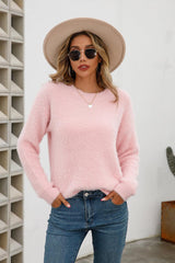 Dropped Shoulder Round Neck Fuzzy Sweater - Flyclothing LLC