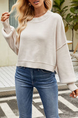 Round Neck Dropped Shoulder Sweater - Flyclothing LLC