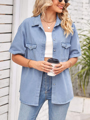 Collared Neck Short Sleeve Denim Jacket - Flyclothing LLC